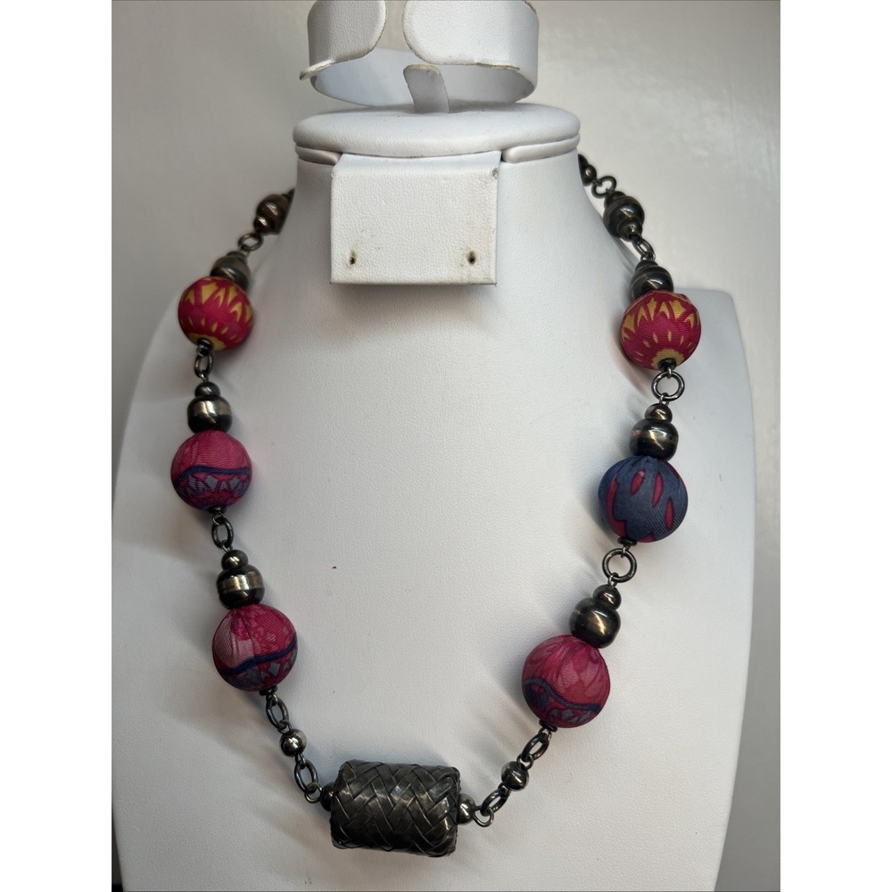 Vintage Pineda Covalin Necklace, silk beads large silver center Pendant 16"